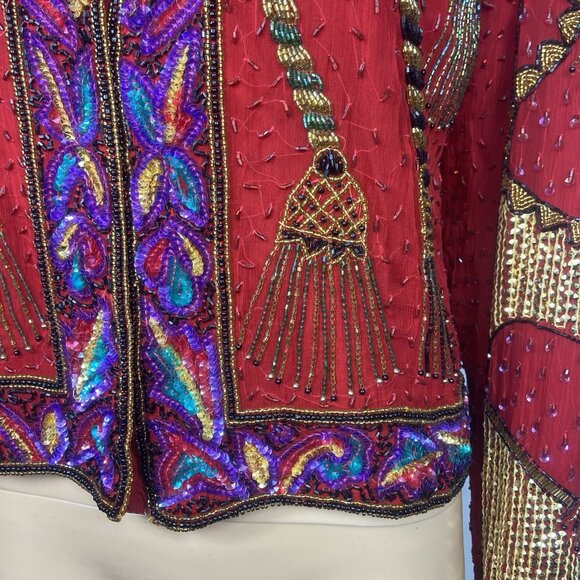 Vintage Laurence Kazar Heavy Beaded Silk Jacket Sz L Formal Tassel Blazer - Picture 6 of 12